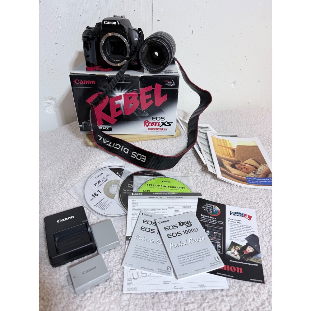 Canon EOS Rebel XS DSLR Camera EF-S 18-55mm IS Lens Black Kit Bundle Classic Y2K